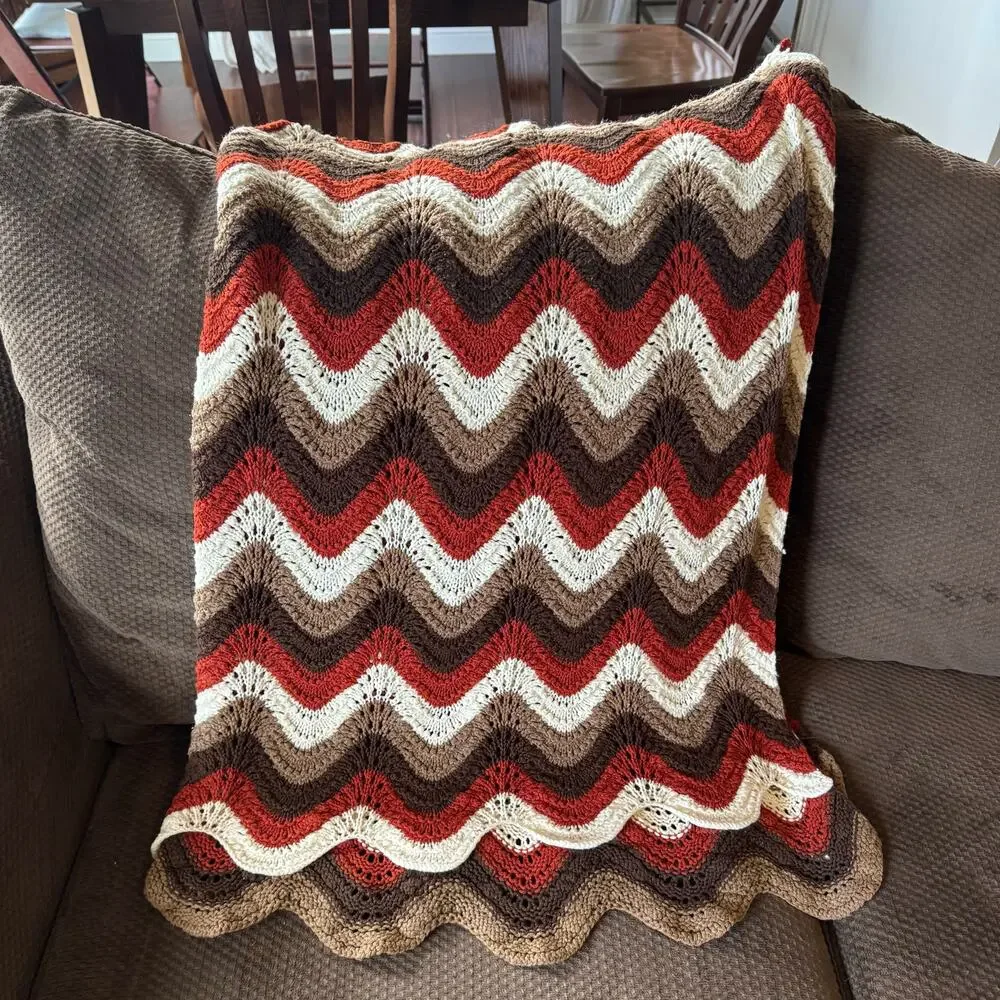 Handmade Crochet Afghan Throw Blanket  Rustic-Toned Yarns Chevron Ripple Pattern